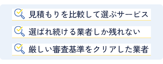 「見積もりを比較して選ぶ」サービスのため、お客様から「選ばれ続ける内装業者」しか残れません。