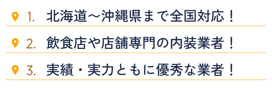 すべての都道府県に多くの飲食店や店舗専門の内装業者が、当サイトに加盟しています。