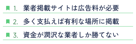 業者を掲載する仕組みでは、資金が潤沢な大手企業か、広告料を多く支払える業者しか勝てません。